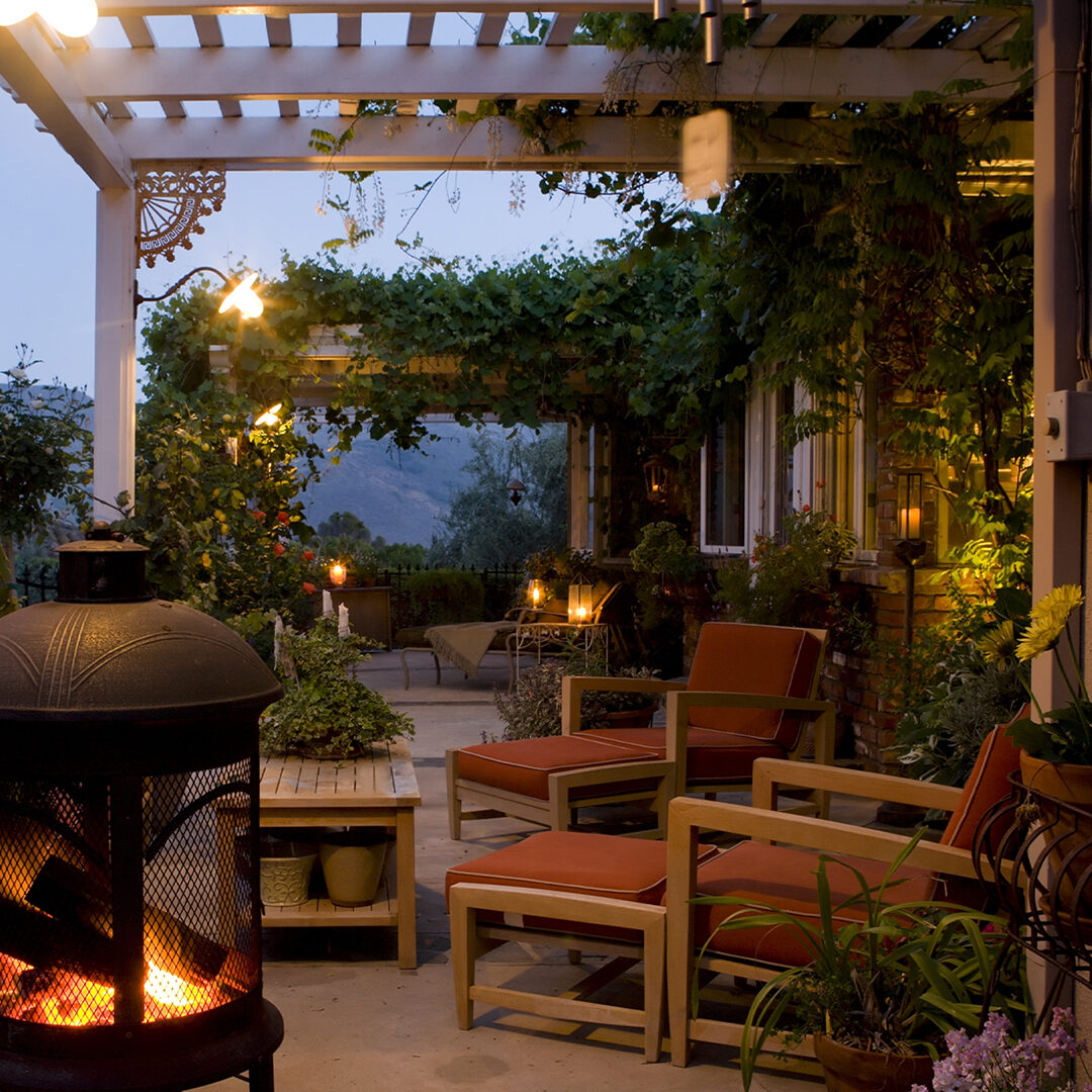 A nice backyard at night lit with LED lighting