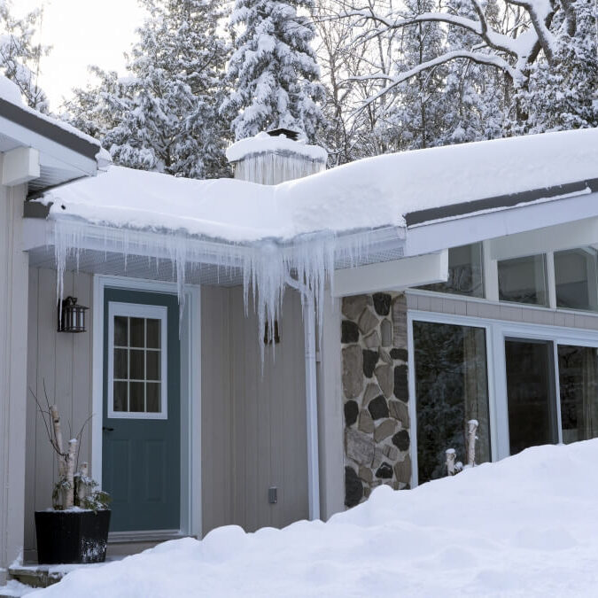 Suburban house covered in feet of snow.